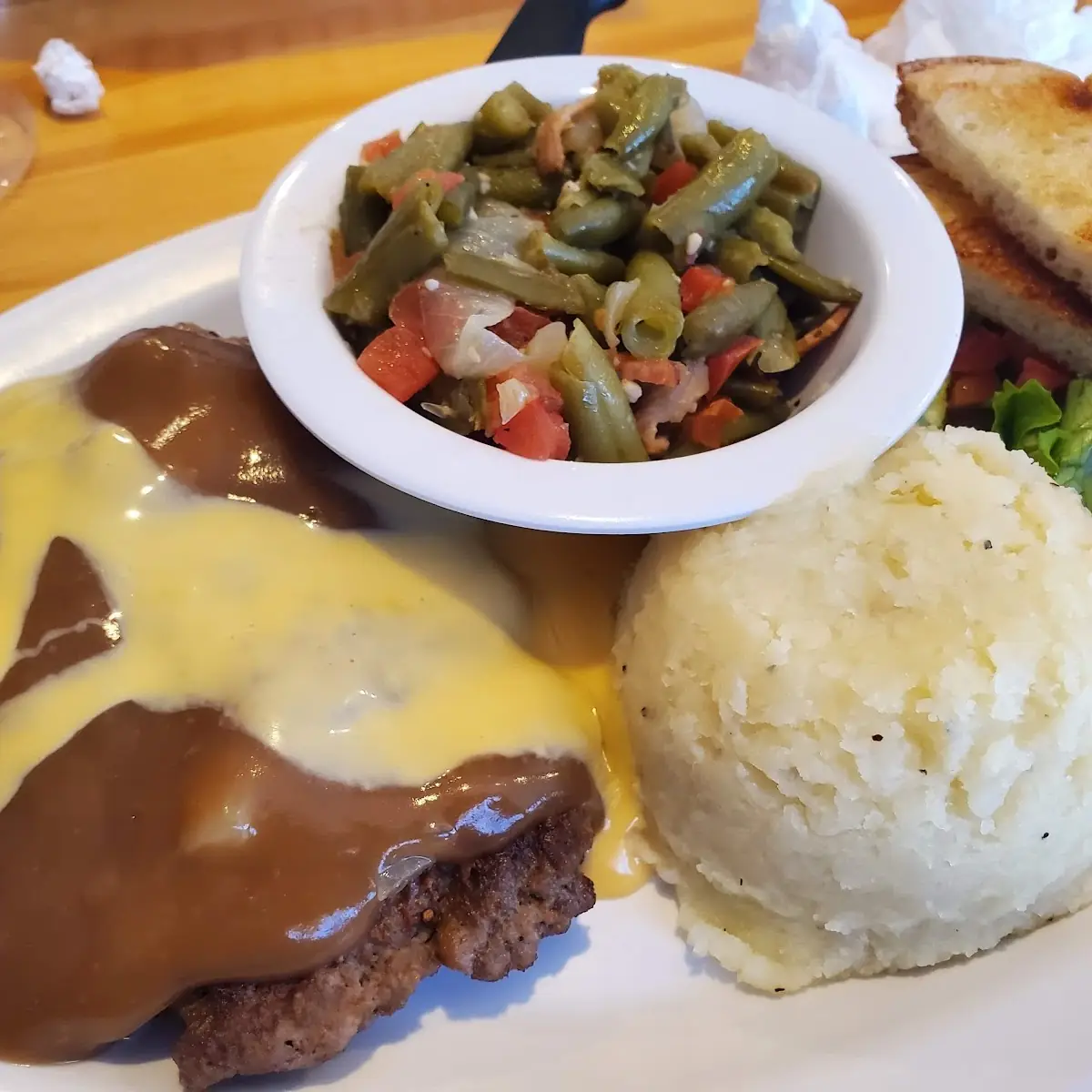 Hamburger Steak Plate with Green Beans and Mashed Potatoes
