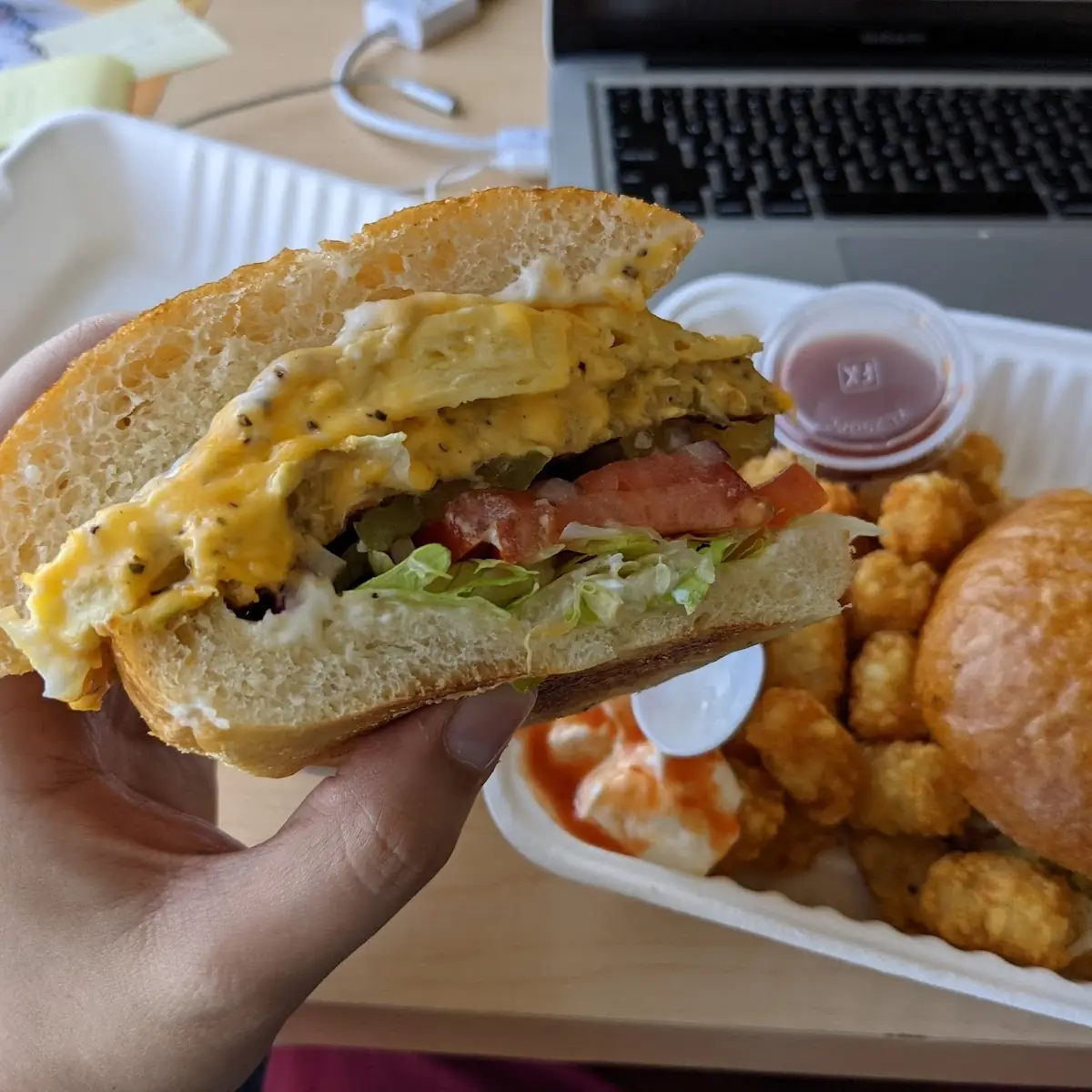 Vegeterian Breakfast Sandwich with Tots