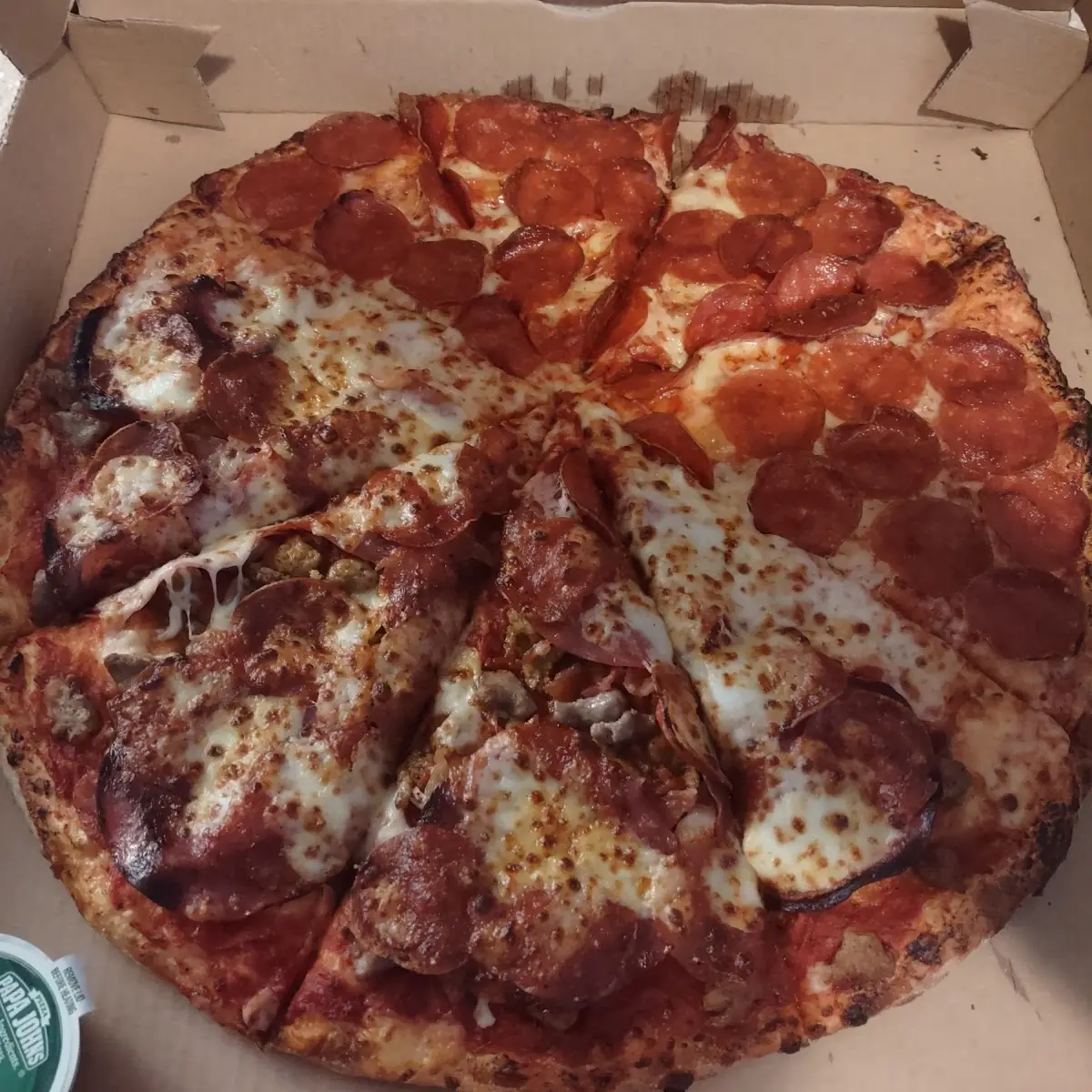 Pizza Half Pepperoni Half Salami Pepperoni Beef Bacon and Spicy Italian Sausage