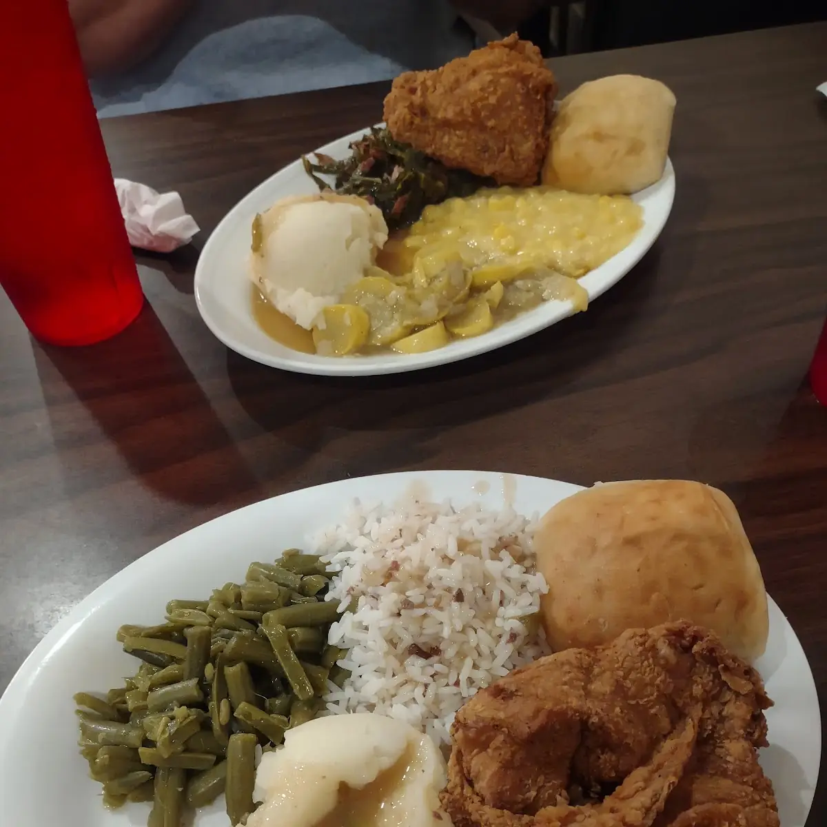 Fried Chicken Rice Green Beans and a Roll