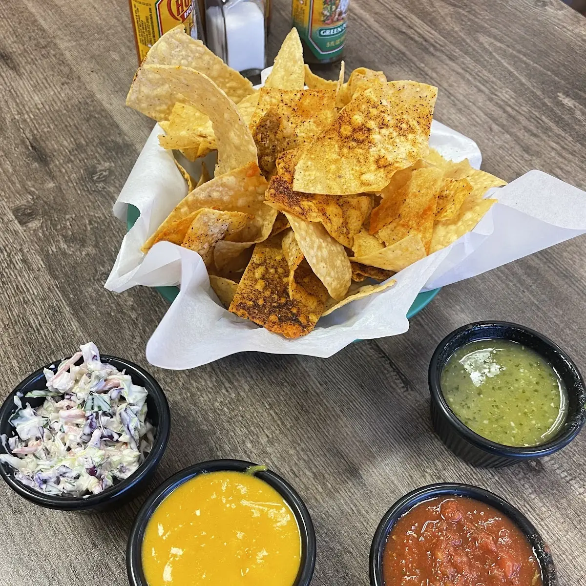 Seasoned Chips Salsa and Queso Coleslaw