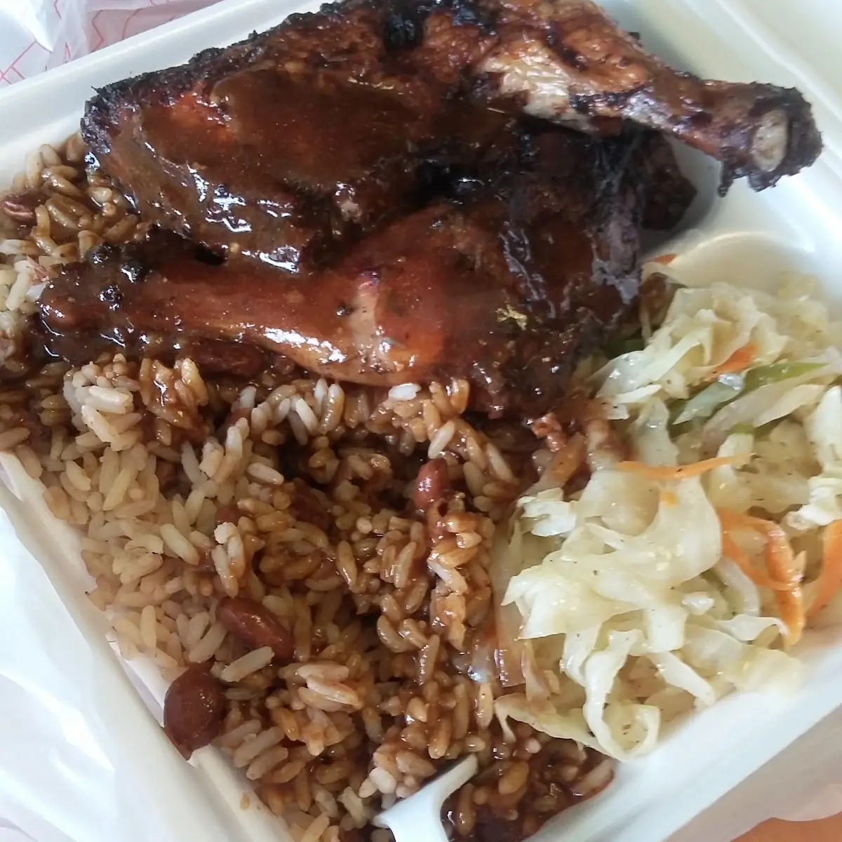 Jerk Chicken Beans and Rice and Cabbage