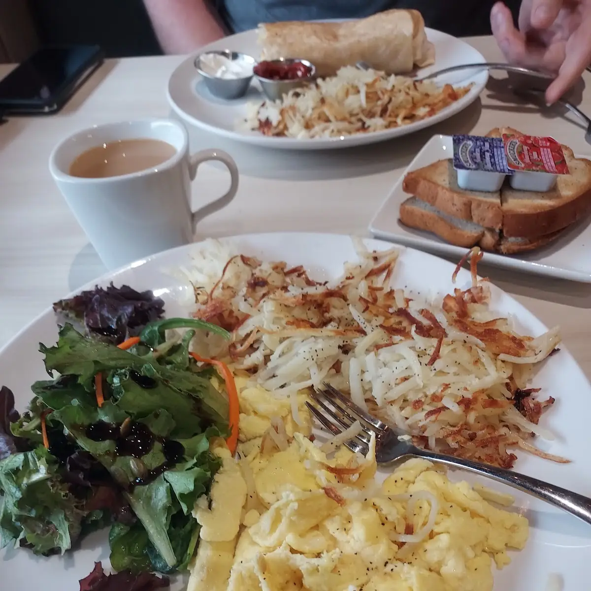 Scrambled Eggs Hashbrown and House Salad