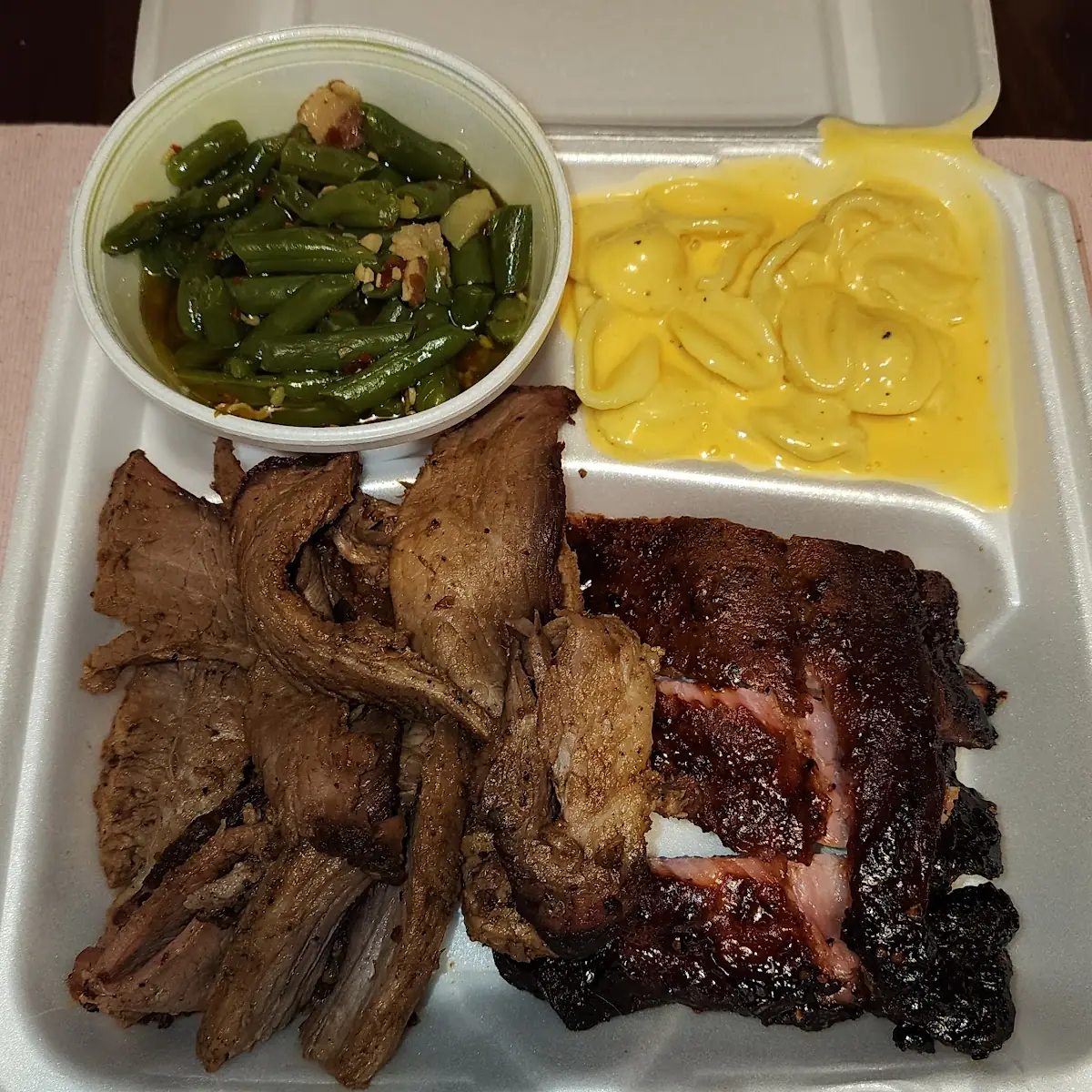 Brisket Green Beans and Mac & Cheese