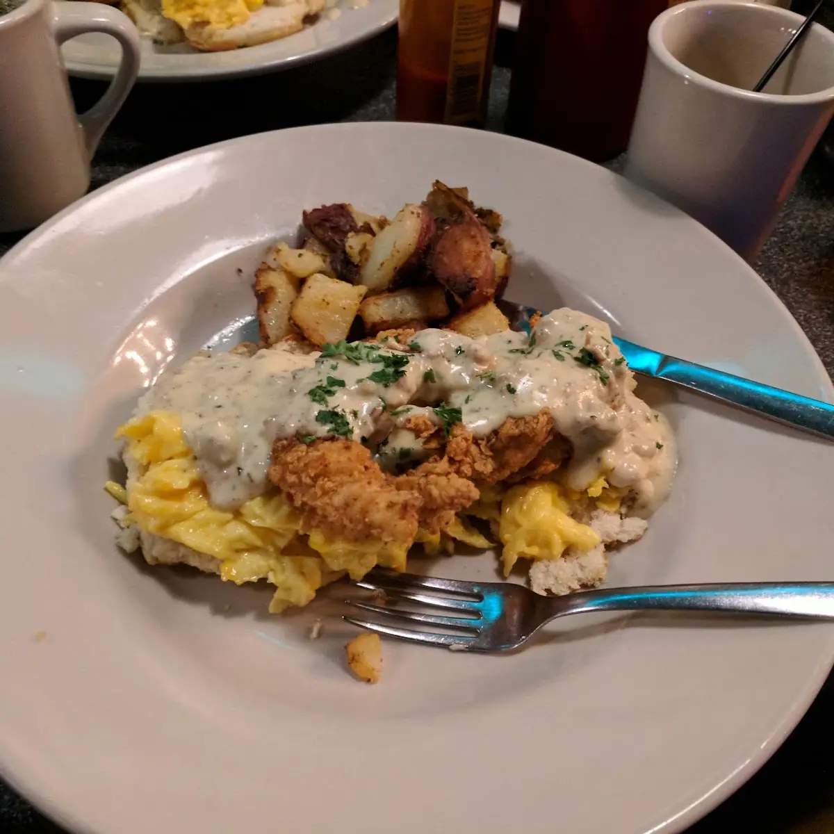 Fried Chicken Eggs and Biscuits and Gravy