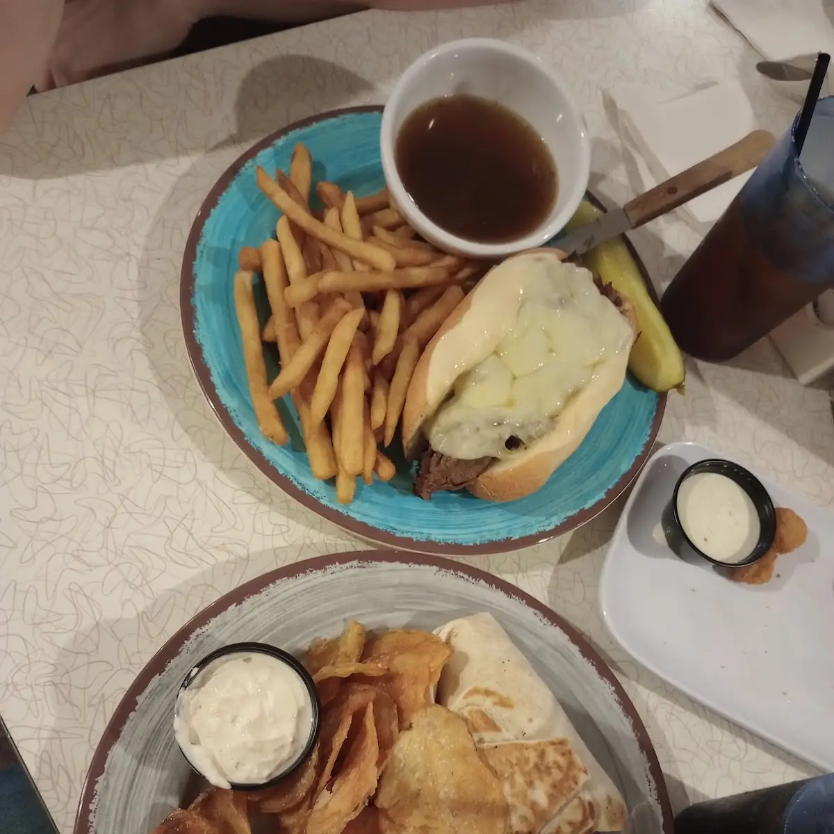 French Dip Sandwich and Chicken Caesar Wrap