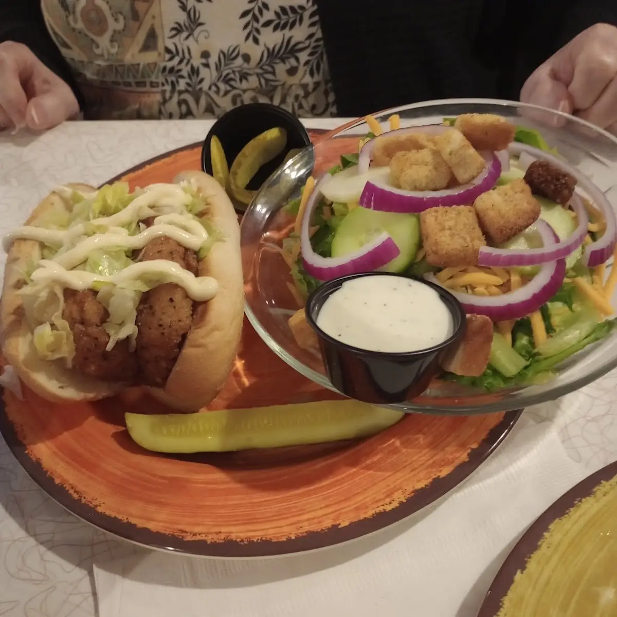 Fried Fish Sandwich and Side Salad