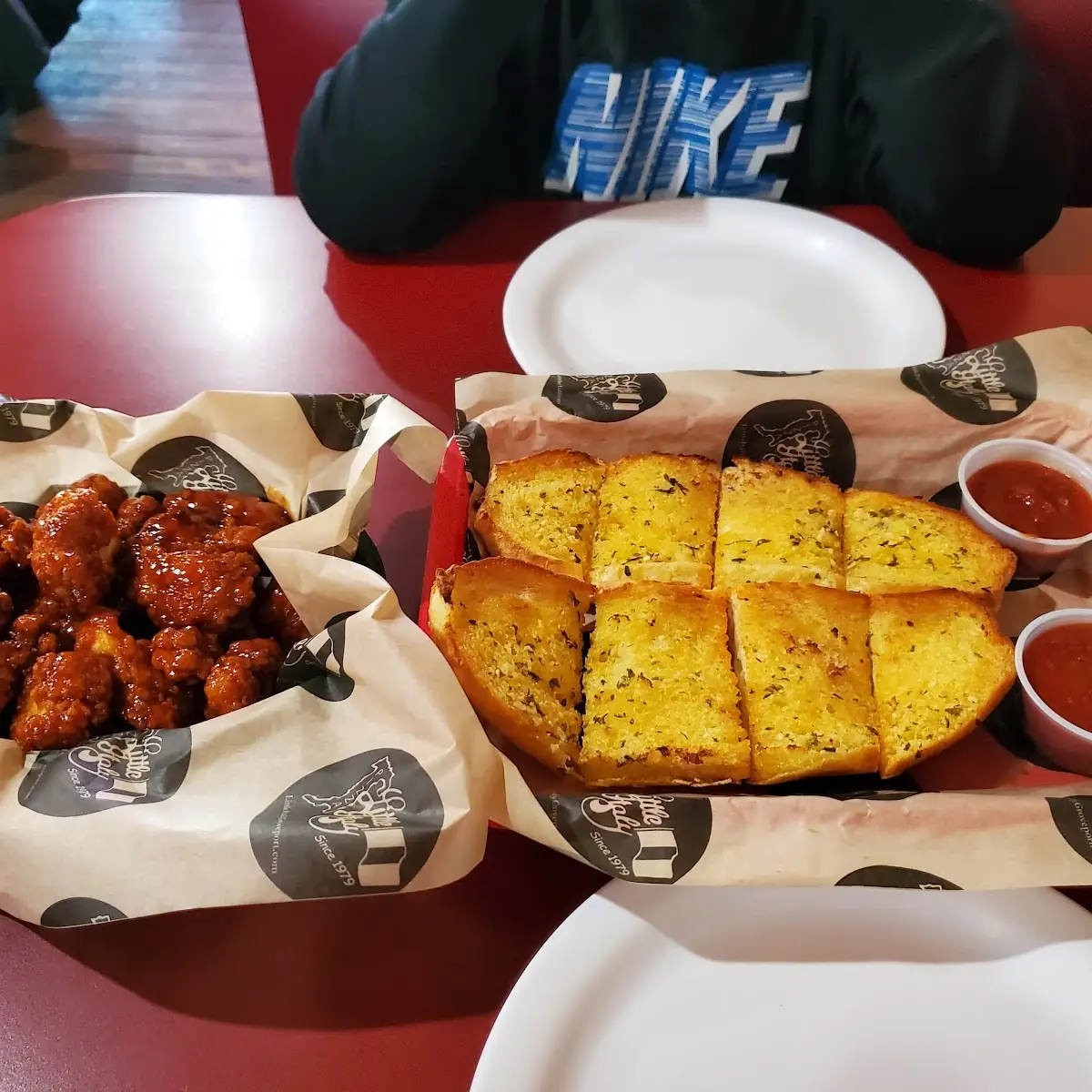 Kicking BBQ Boneless Wings and Garlic Bread