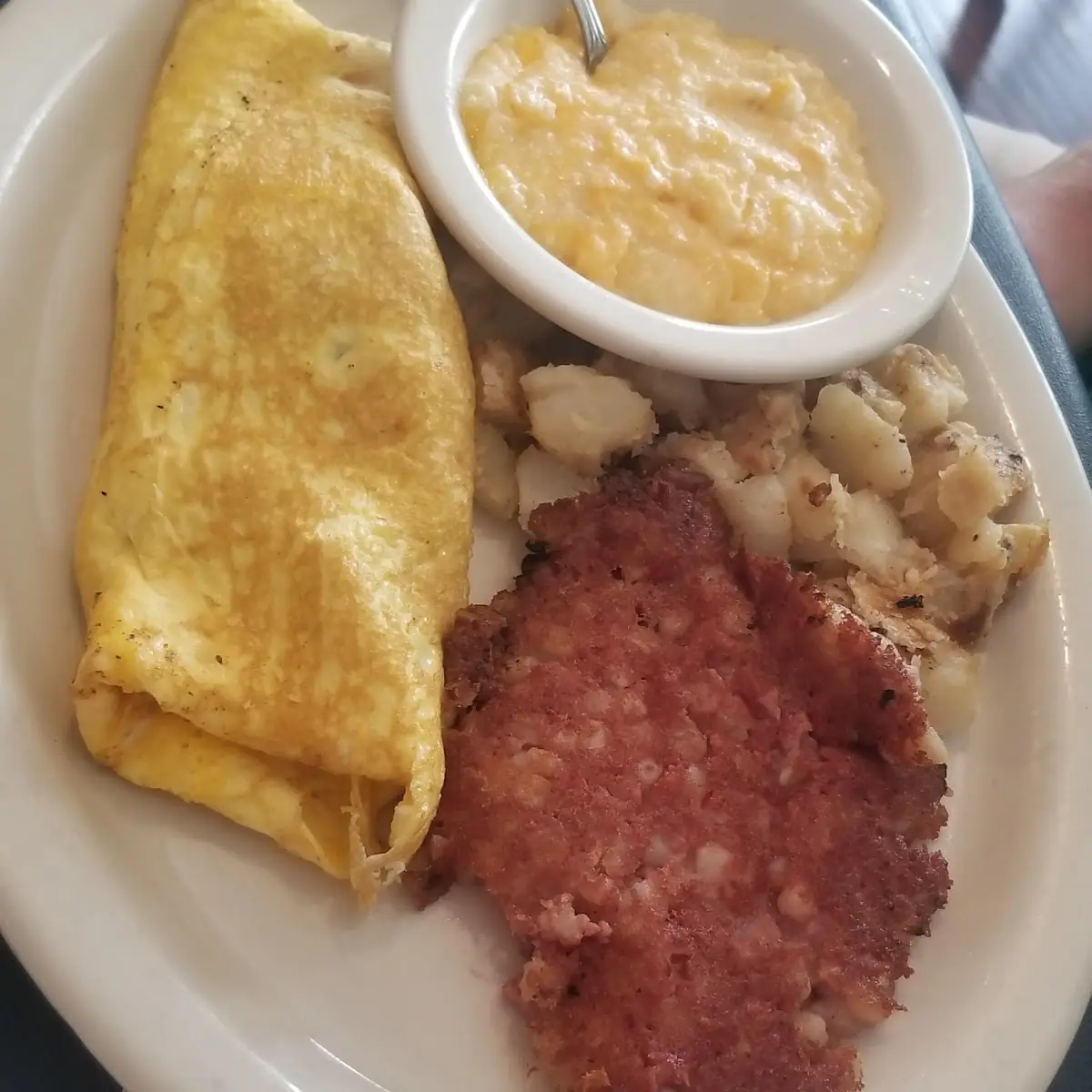 Ham and Cheese Omelette Corned Beef Hash Brown and Grits