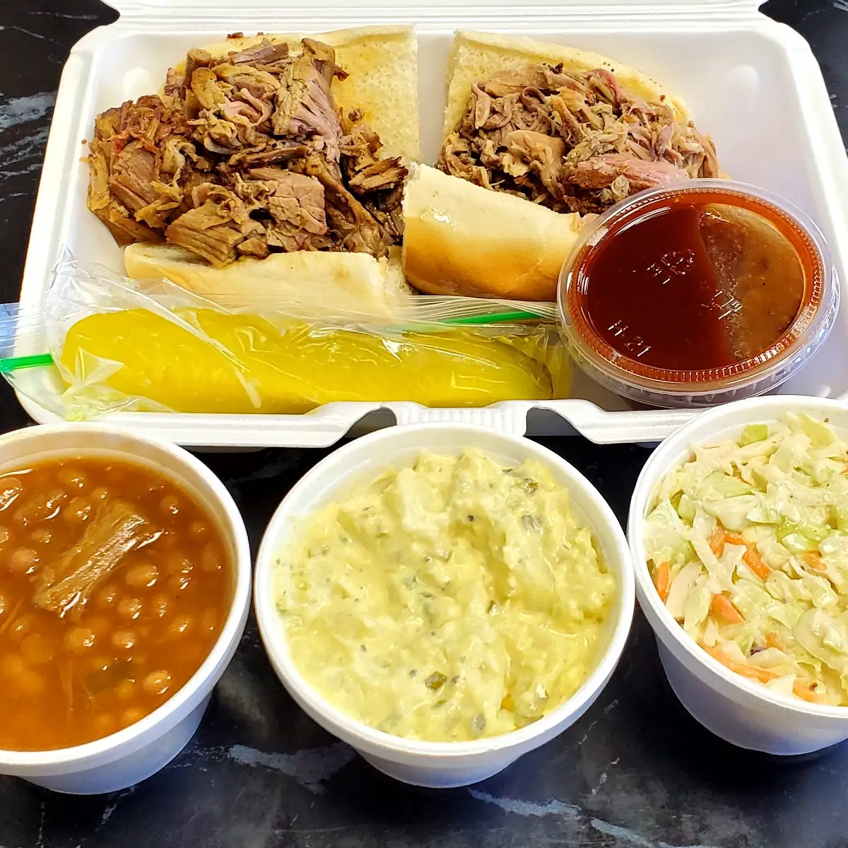 Slider Combo Brisket and Pulled Pork Brisket Baked Beans Potato Salad Coleslaw