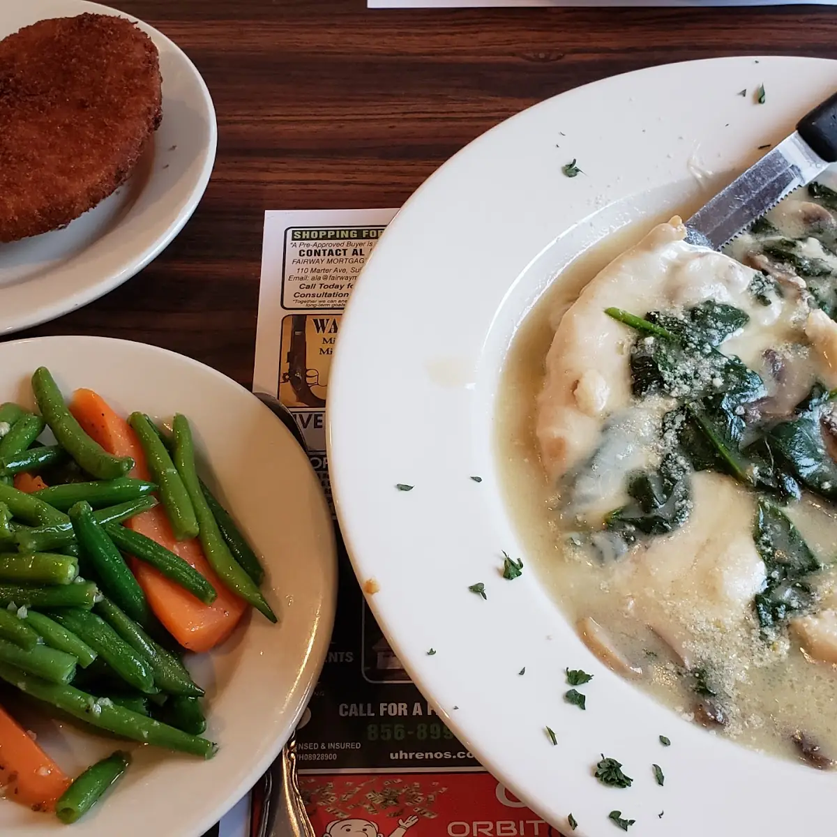 Chicken Florentine with Fried Eggplant and String Beans & Carrots