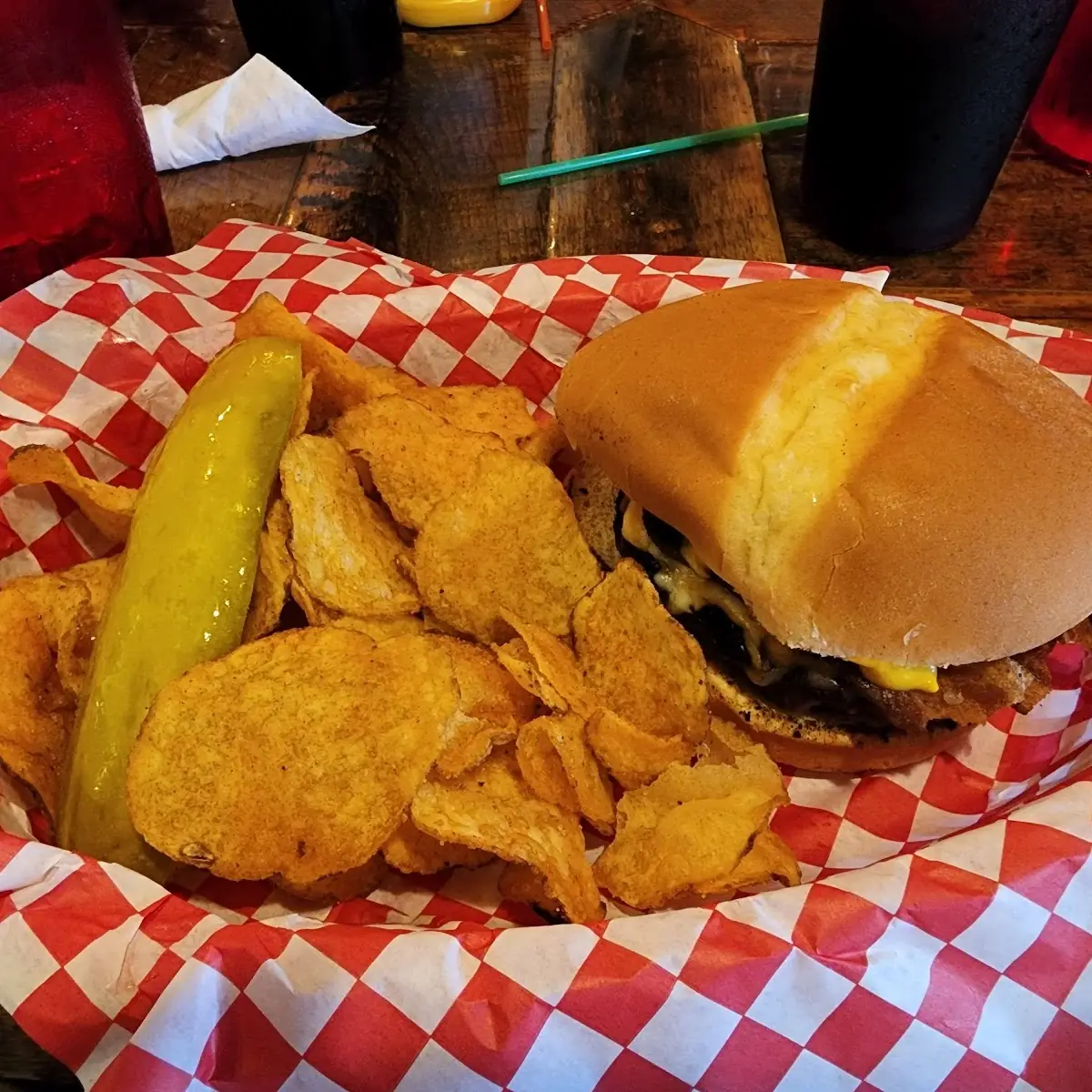 Bacon Cheeseburger with Chips and Queso
