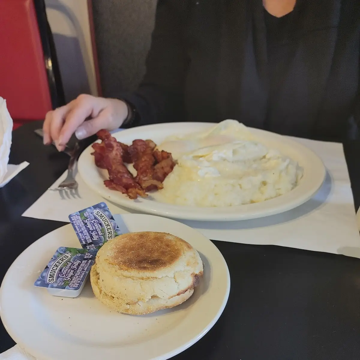 Bacon and Eggs and Grits an English Muffin