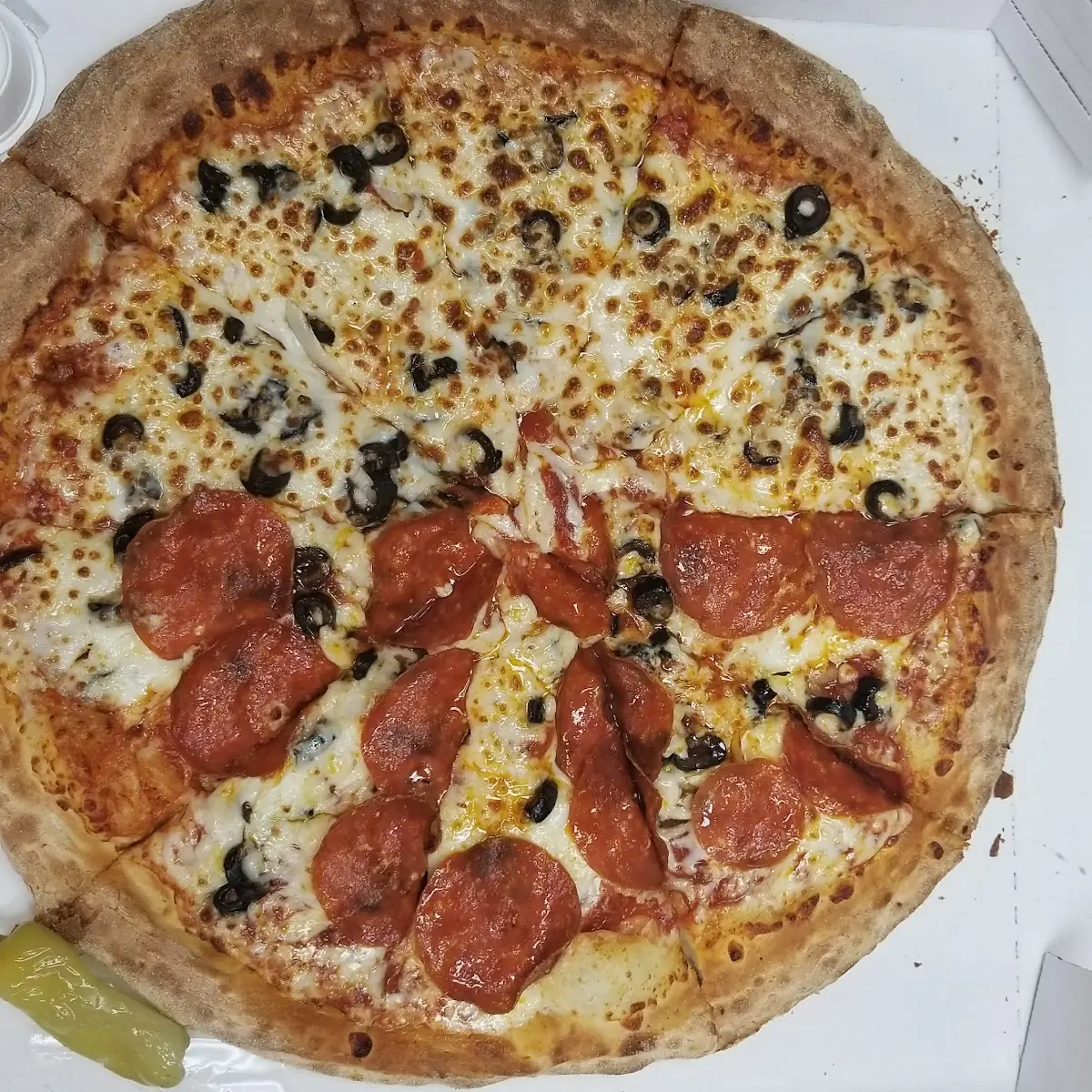 Large Black Olive Half Pepperoni Pizza