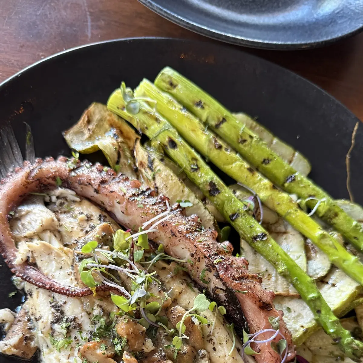 Grilled Octopus with Mashed Potatoes & Asparagus