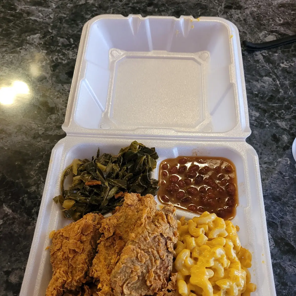 Chicken Collards Greens Mac N Cheese with PR Beans