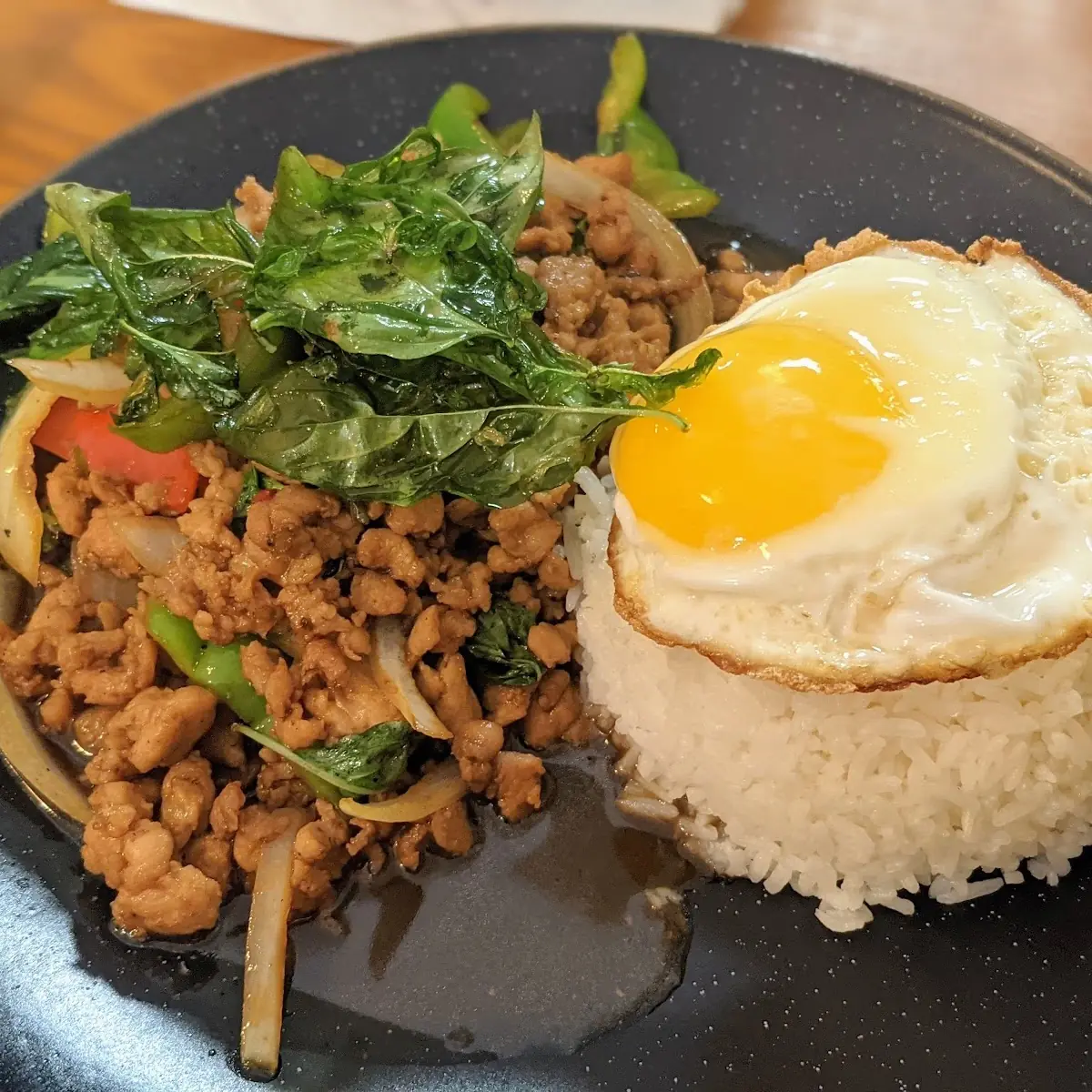 Kapraow Gai Kai Dao Spicy Basil over Rice