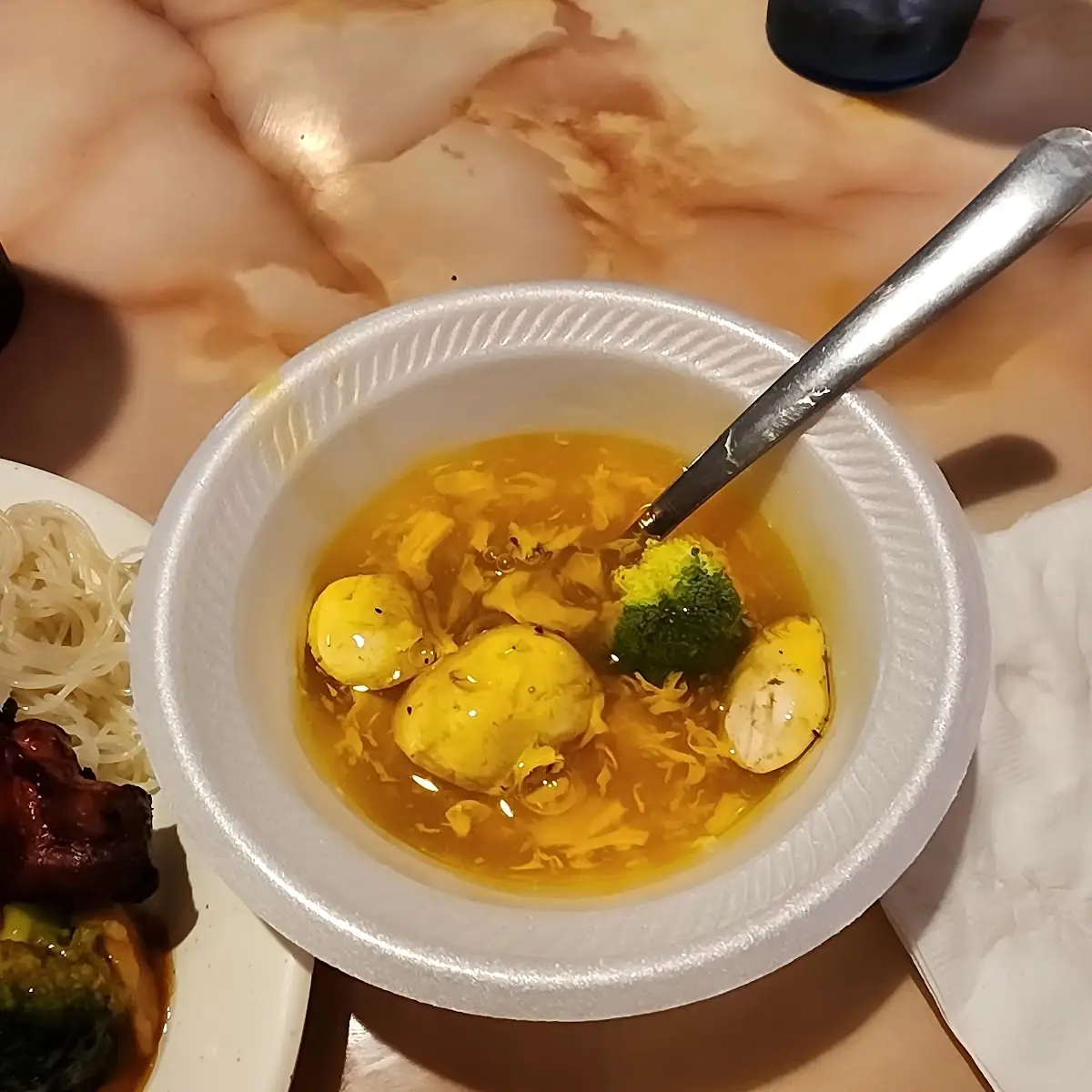 Fresh Egg Drop Soup with Fresh Mushrooms & Fresh Broccoli Added from There Fresh Salad Bar