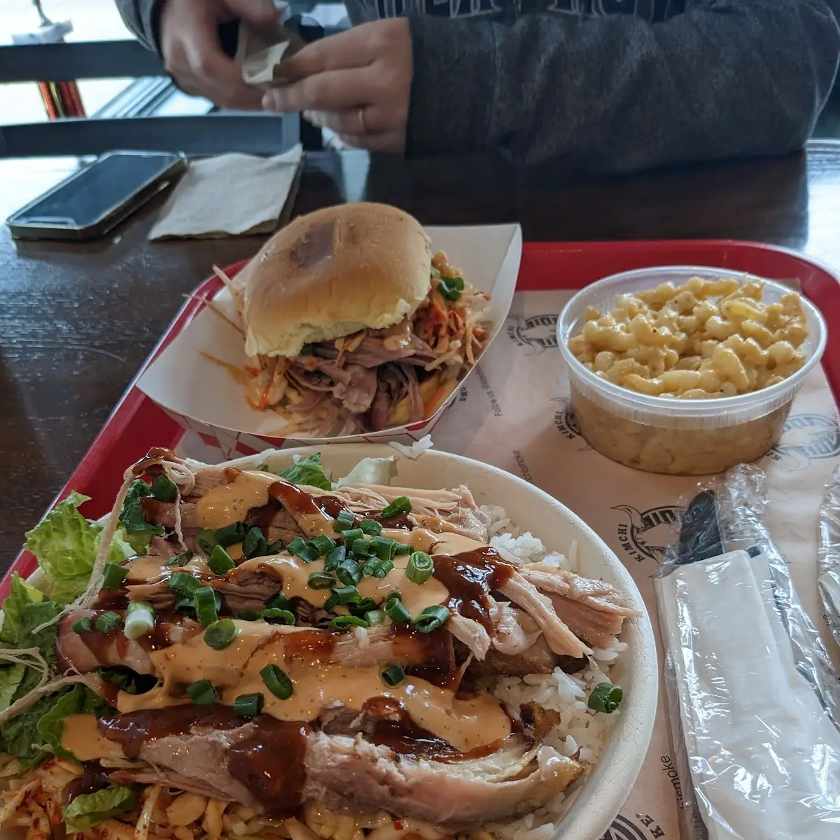 Pulled Pork Sandwich and Austin Bowl with Mac N Cheese