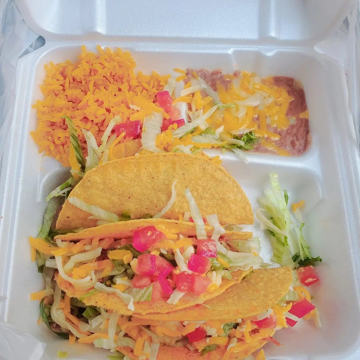 Chicken Tacos Refried Beans and Rice