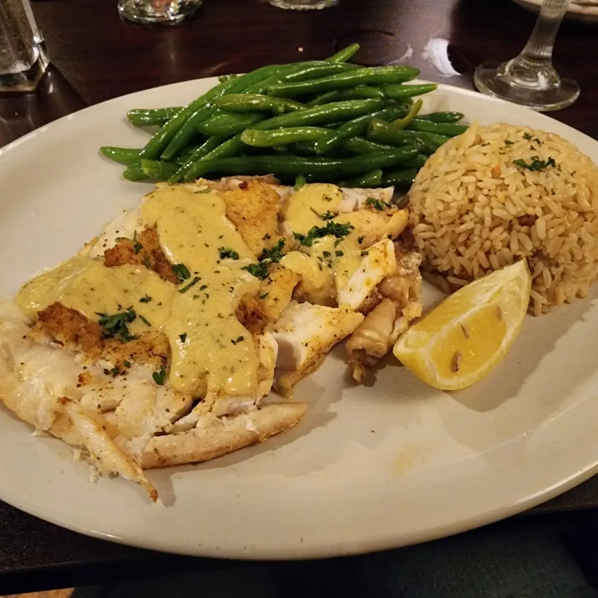 Chicken Picatta with Rice and Steamed Vegetables