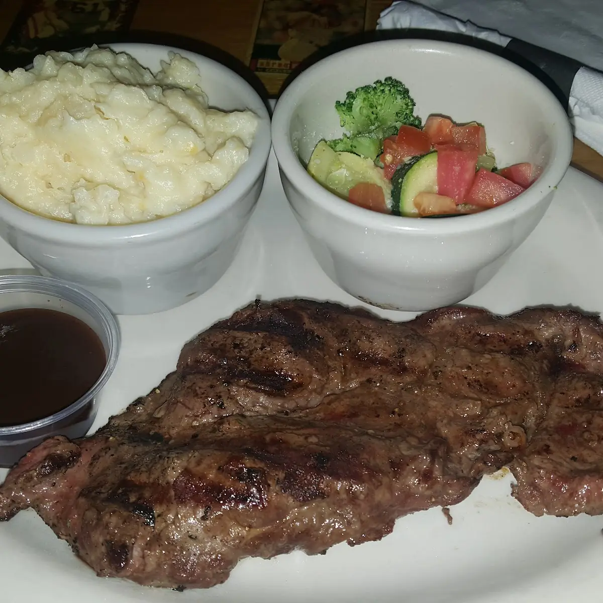New York Strip Steak with Mixed Vegetables and Mashed Potatoes