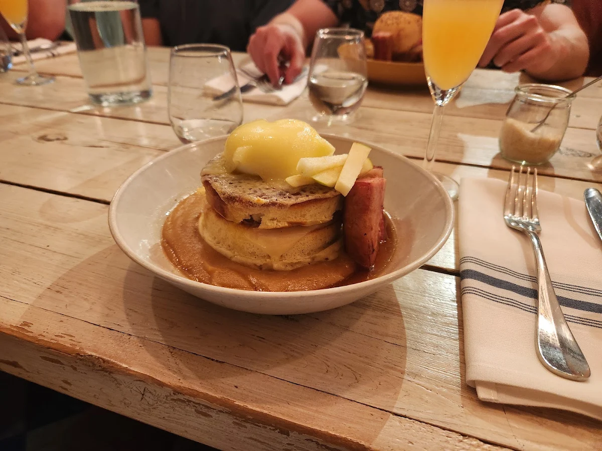 Pancake Apple Puree Cheddar Soft Boiled Egg Maple Syrup
