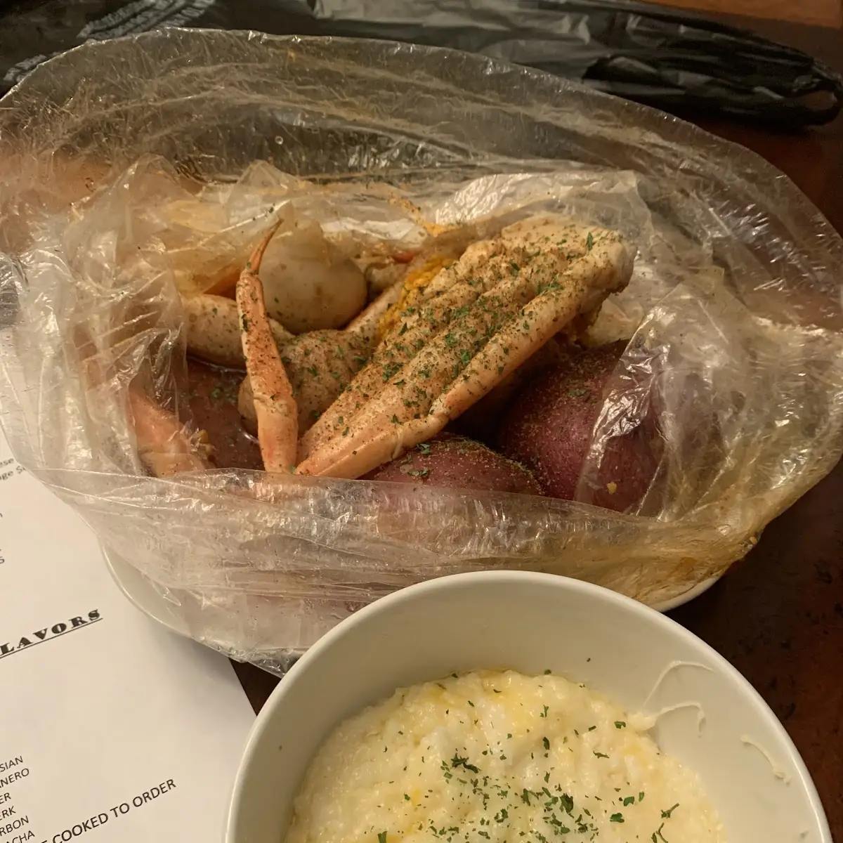 Seafood Bag Including Crab Leg's Potatoes Eggs an Corn