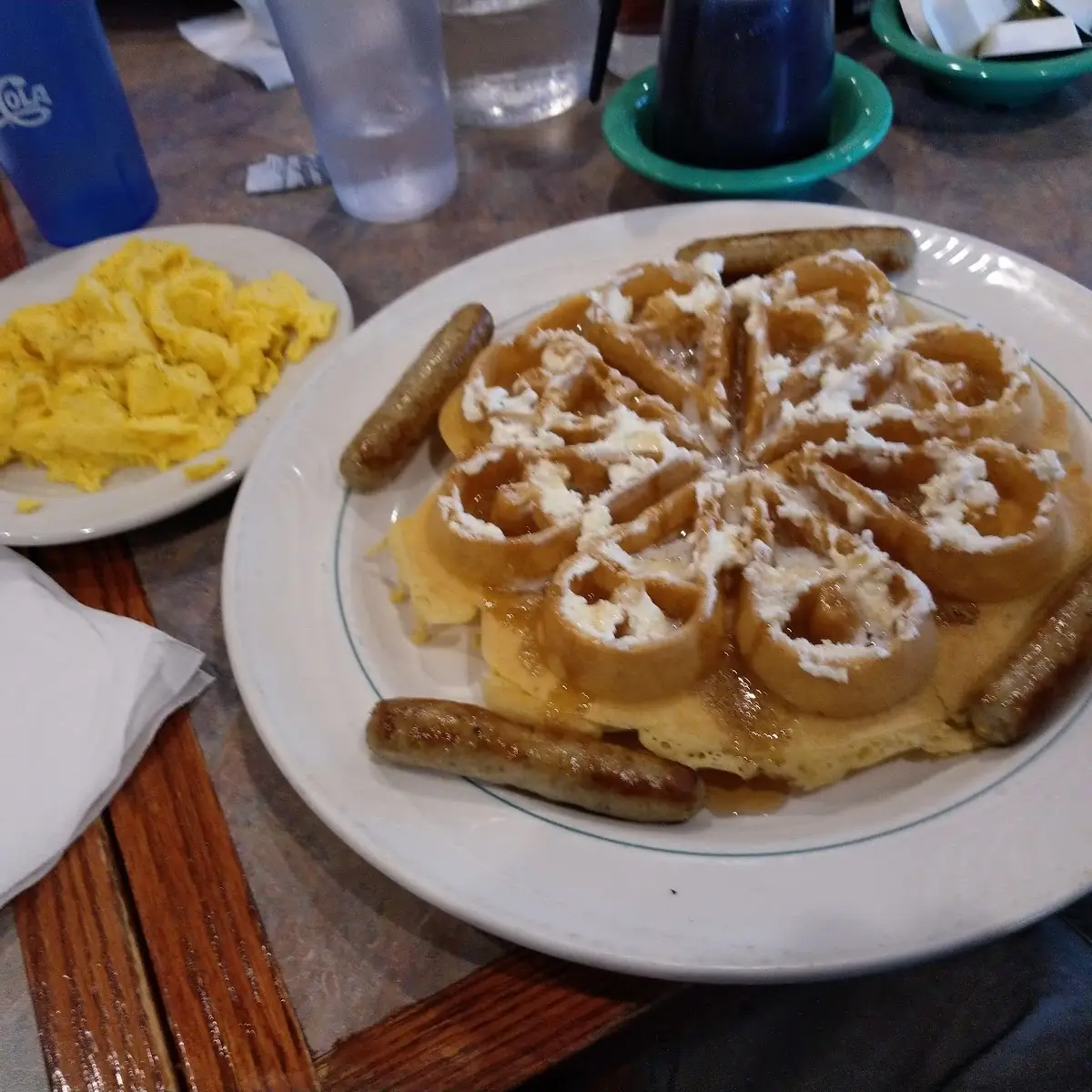 Waffle Combo with 2 Eggs Any Style 2 Sausage Links or Bacon