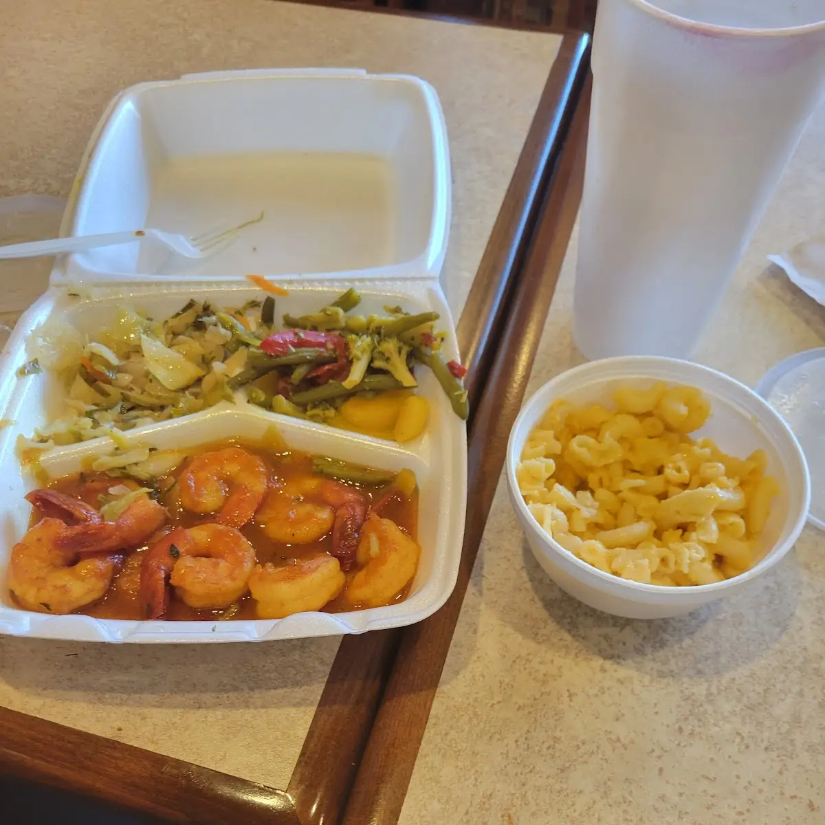 Curry Shrimp Cabbage Mac and Cheese and Mixed Vegetables
