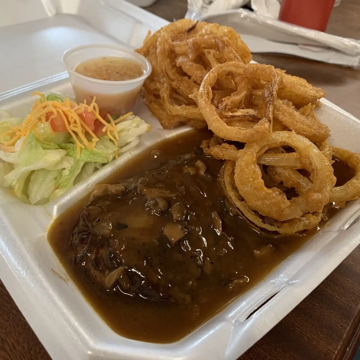 Hamburger Steak Dinner with Onion Rings