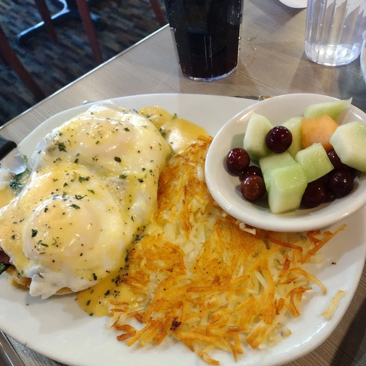 Sunny Side Up Eggs Hash Browns Fruit