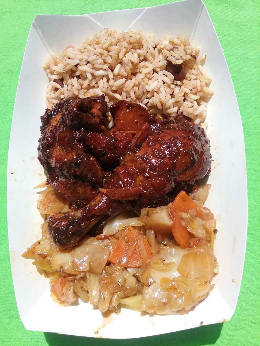 Jerk Chicken Red Beans and Rice Cabbage and Carrots