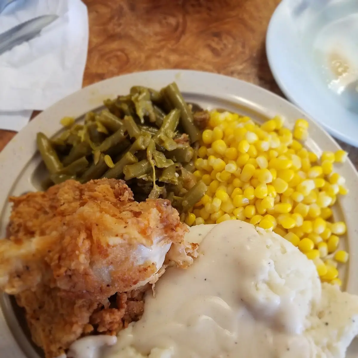 Fried Chicken Green Beans Corn Homemade Mashed Potatoes with Gravy