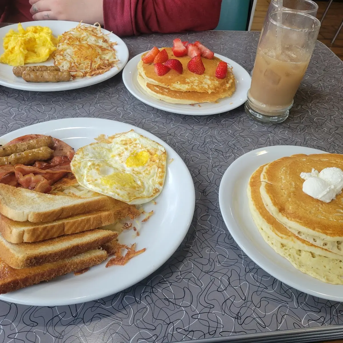Pancakes Scrambled Eggs and Sausage