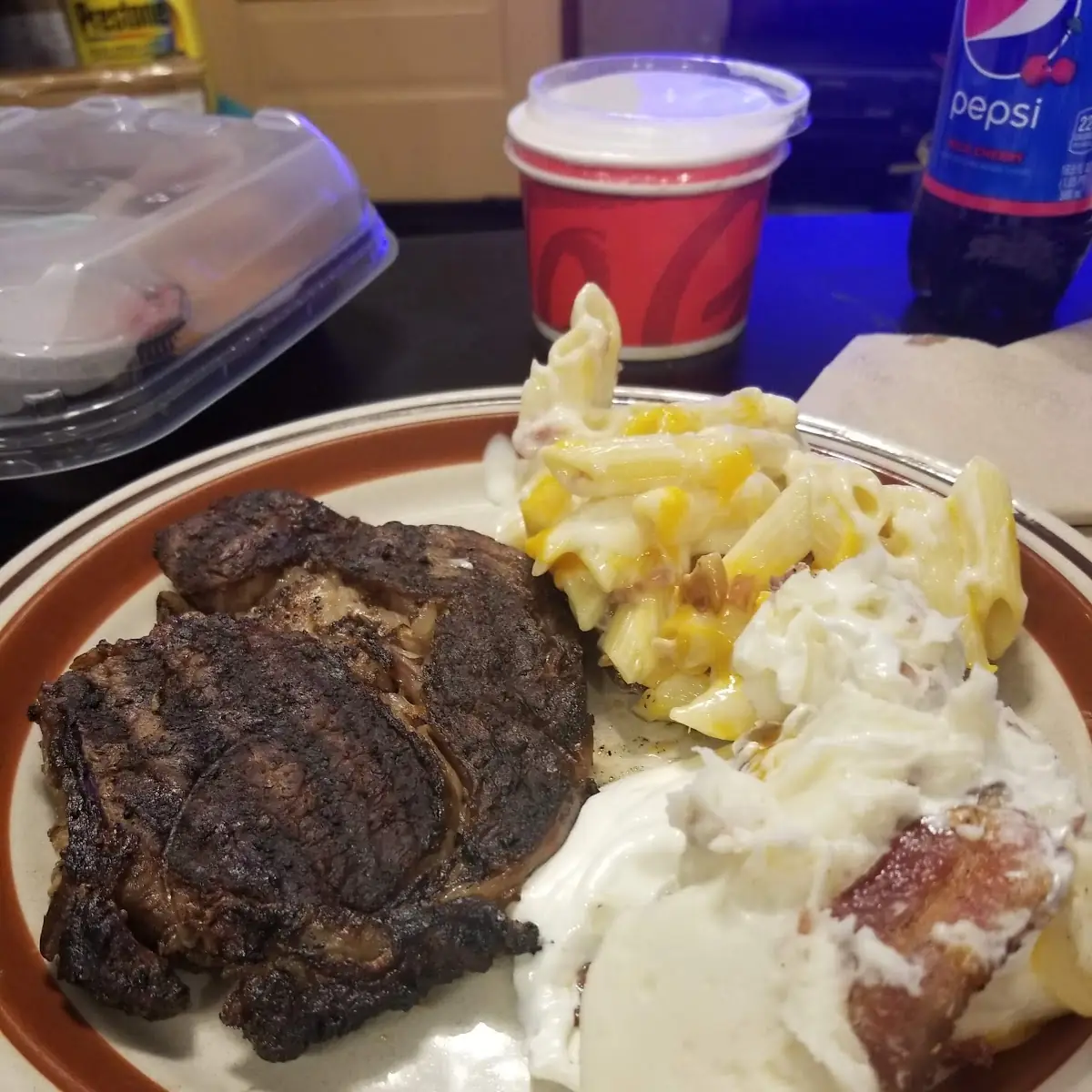 12oz Ribeye Loaded Mashed Potatoes 4 Chesse Mac and Cheese