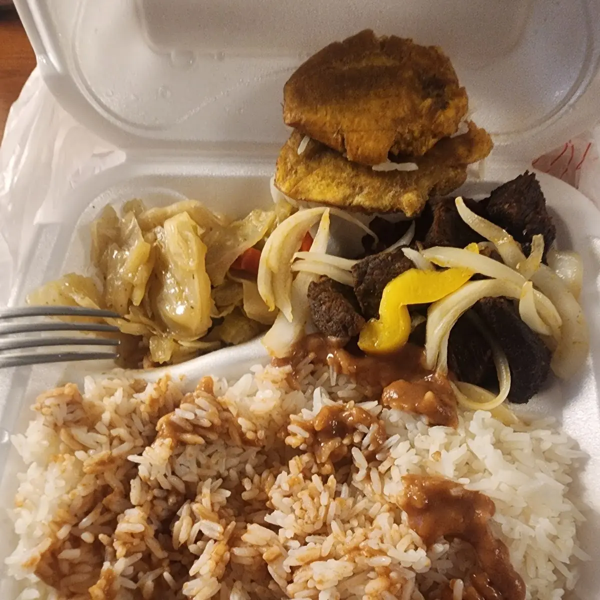 Fried Beef Tips White Rice and Bean Soup