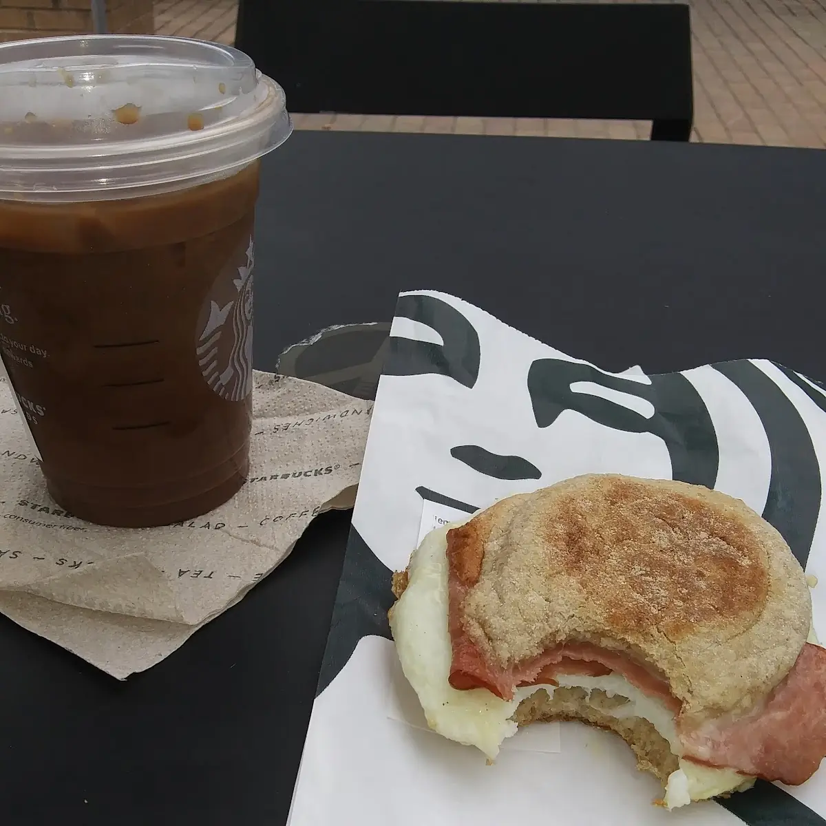 Turkey Bacon Breakfast Sandwich and Iced Mocha