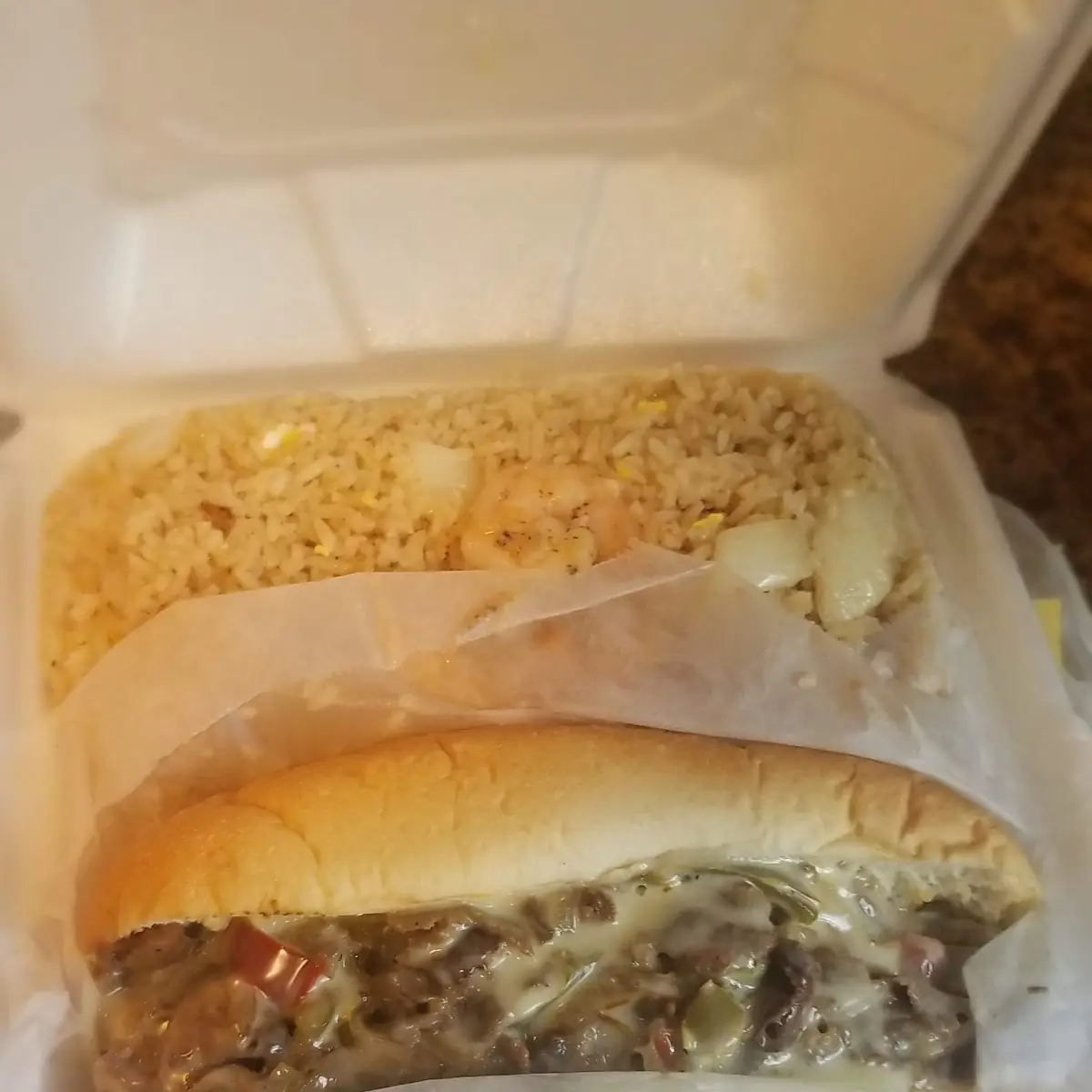 Philly Cheesesteak Sandwich with Shrimp Fried Rice