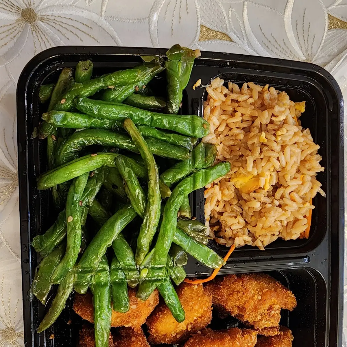 Chicken Nuggets Fried Rice and Green Beans