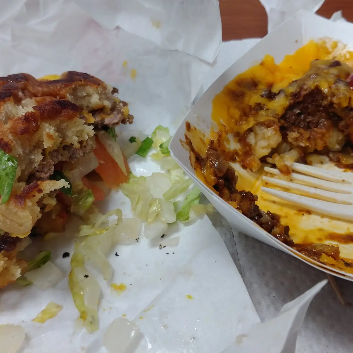 Waffle Burger Deluxe with Chili Cheese Tots