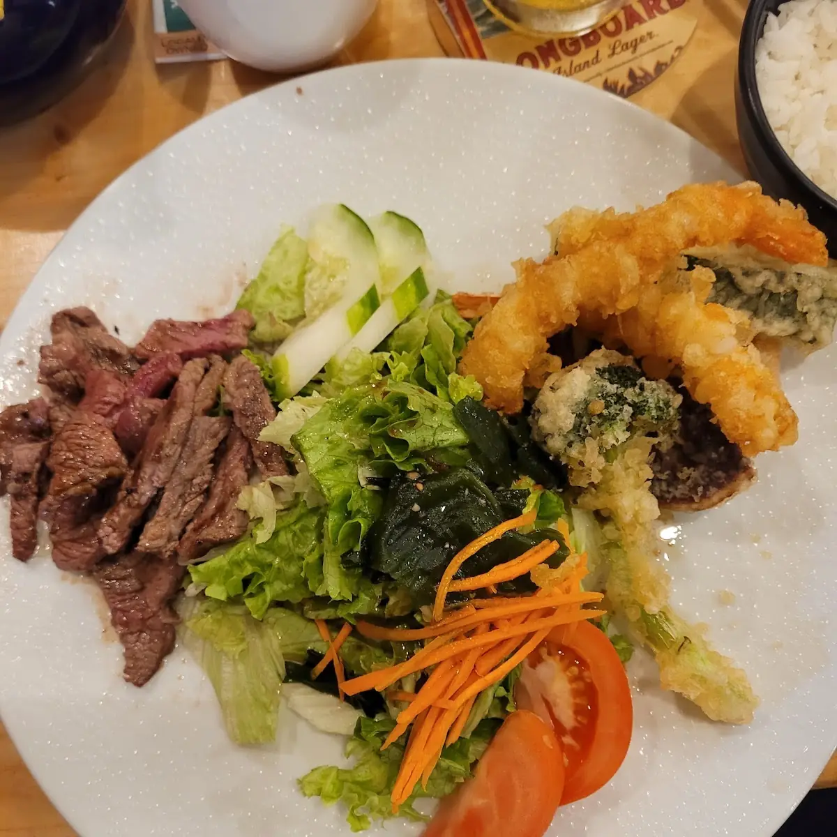 Shrimp and Vegetable Tempura with Beef Teriyaki