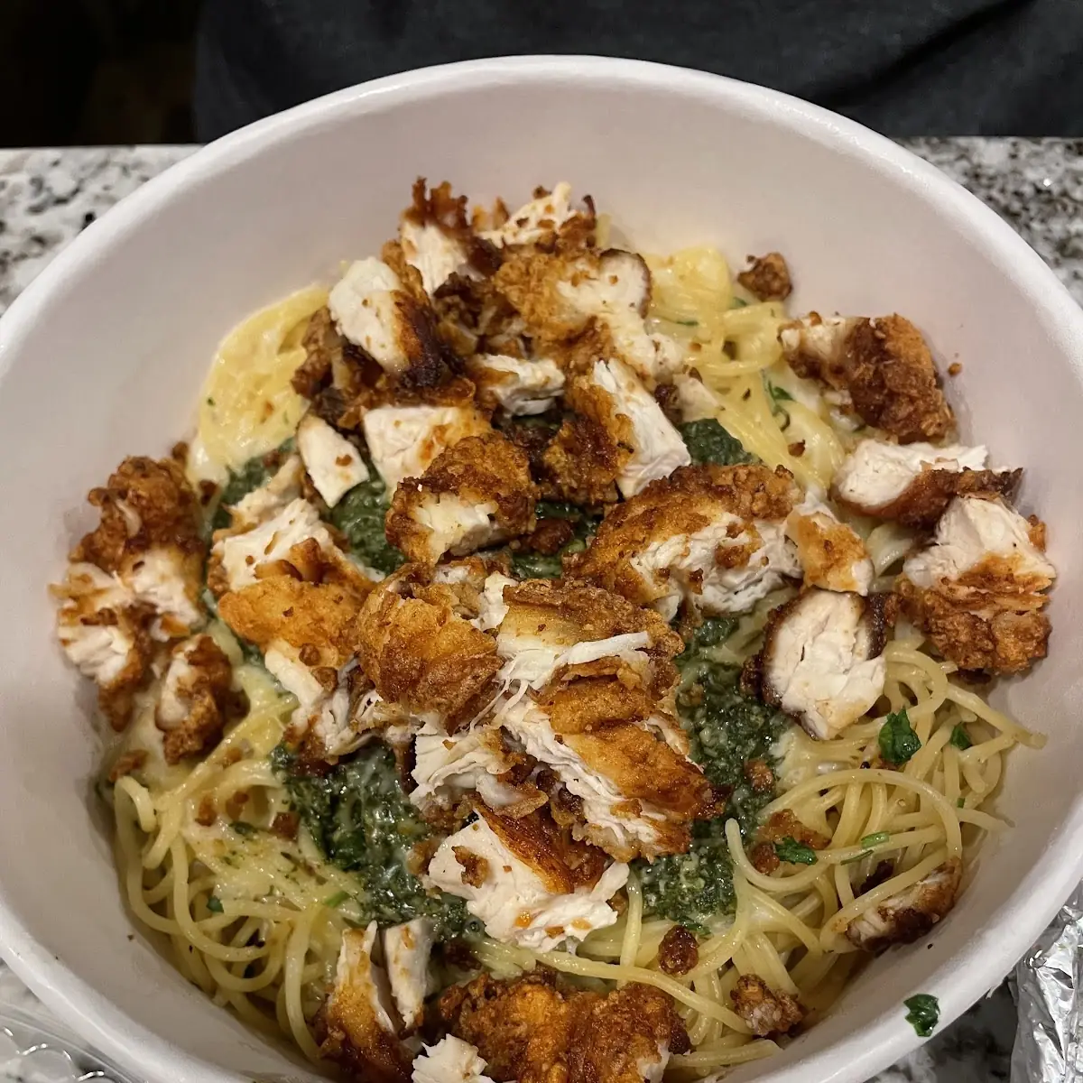 Basil Pesto Spaghetti with Breaded Chicken