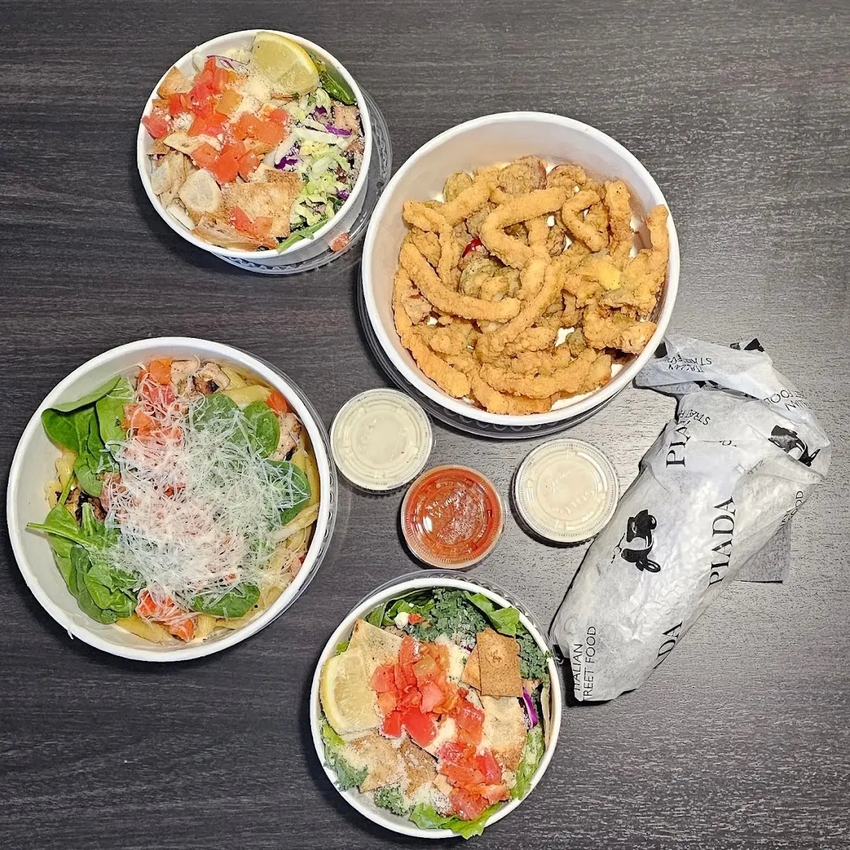 Fried Calamari Carbonara Piada Carbonara Pasta Lemon Cesar Salad