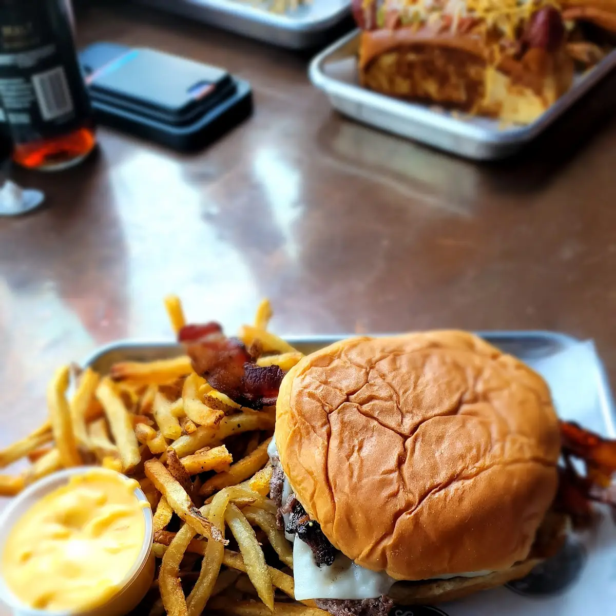 Burger with Fries and Nacho Cheese Sauce