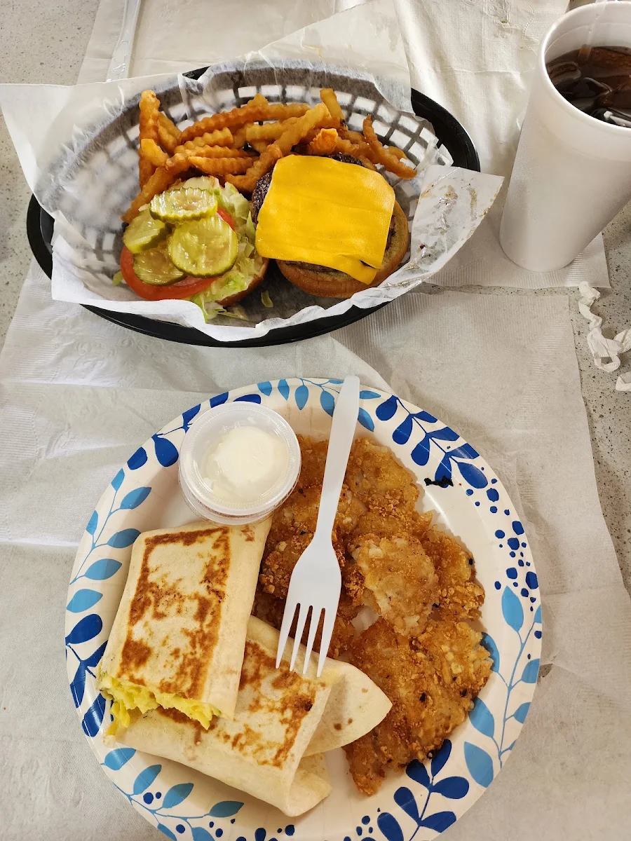 Breakfast Burrito and Cheeseburger