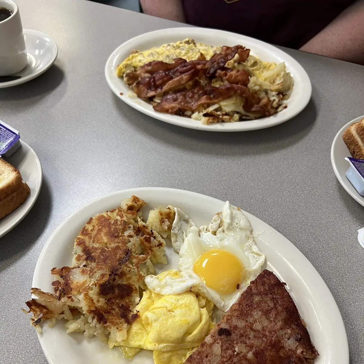 Two Eggs w Turkey Bacon Beef Sausage or Scrapple