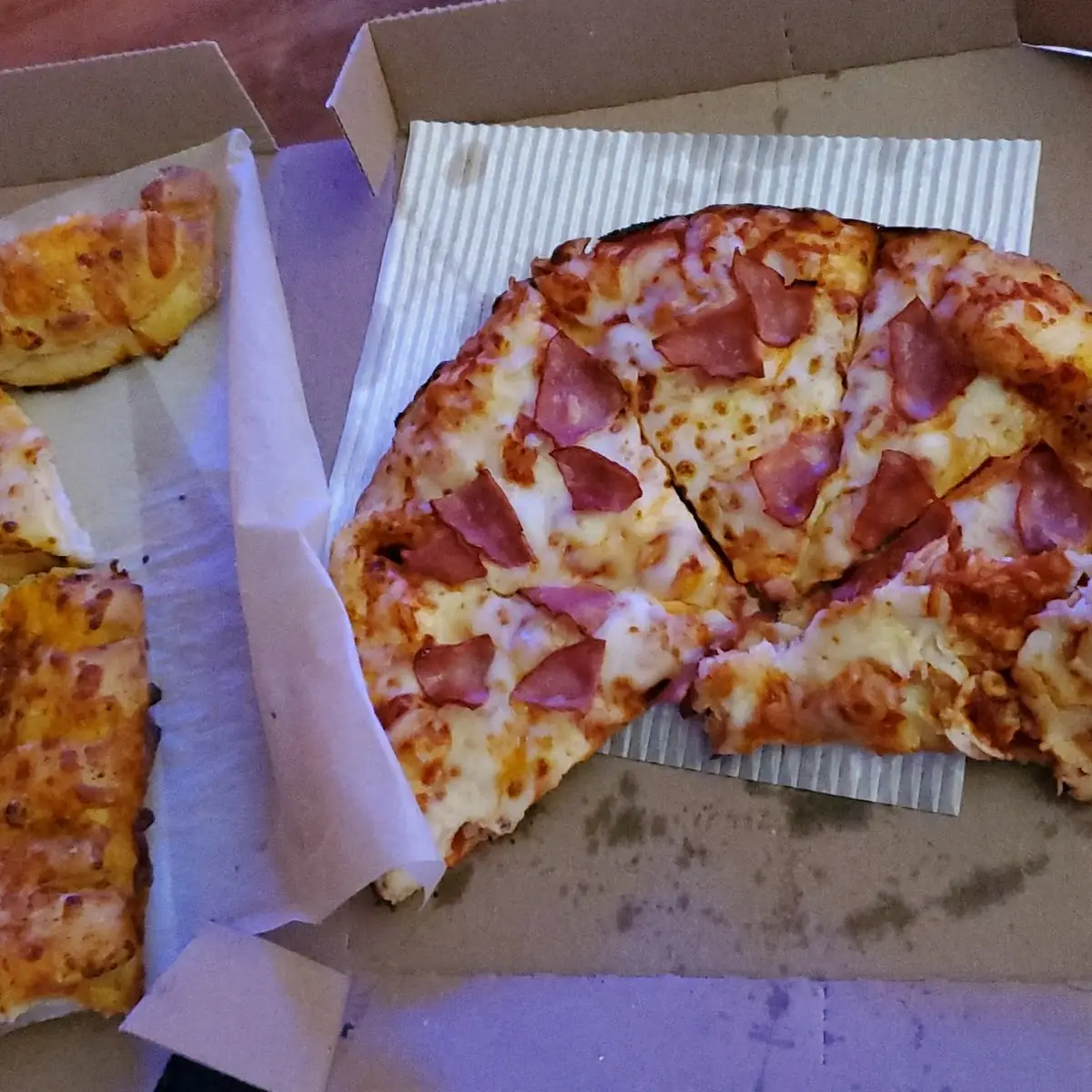 Ham and Cheese Pizza Stuffed Cheesy Bread Beef Pizza and a Brownie Cookie