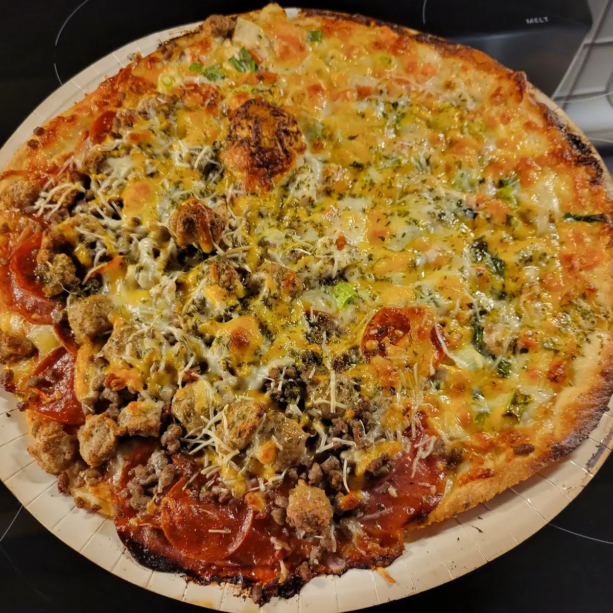 Half Chicken Garlic Half Papa's All Meat Pizza