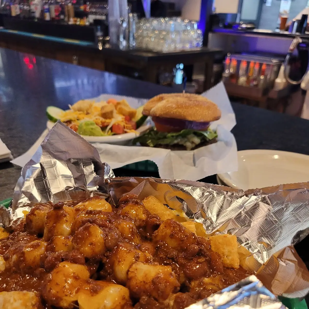 Black and Blue Burger with a Side Salad